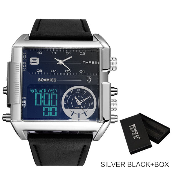 BOAMIGO brand men sports watches 3 time zone big man fashion watch leather quartz wristwatches relogio masculino montre homme