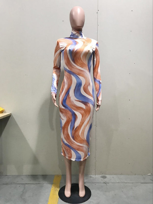Echoine Women Sexy Dress Curve Print Turtleneck Multicolor Snakelike Long Sleeve Bodycon Ankle-Length Evening Party Vestidos