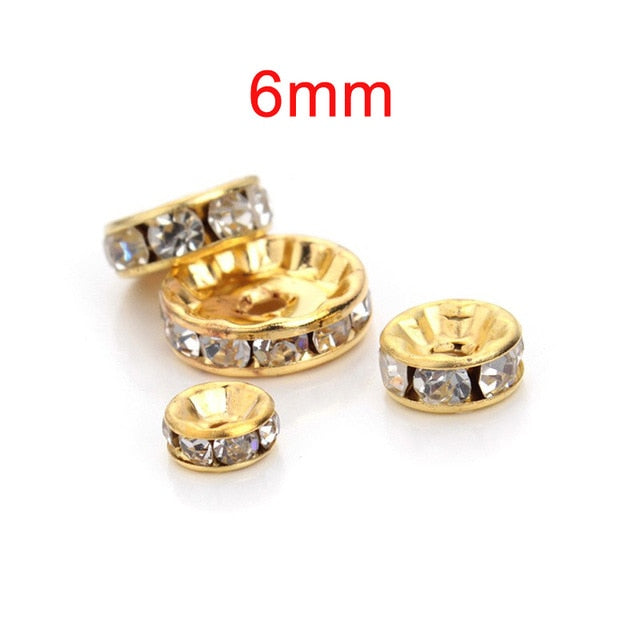 OIQUEI 6mm 8mm 10mm 50pcs Gold Sliver Color Crystal Rhinestone Rondelles Loose Spacer Beads For DIY Jewelry Making Accessories