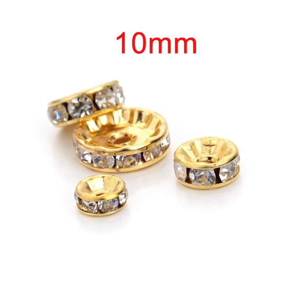 OIQUEI 6mm 8mm 10mm 50pcs Gold Sliver Color Crystal Rhinestone Rondelles Loose Spacer Beads For DIY Jewelry Making Accessories