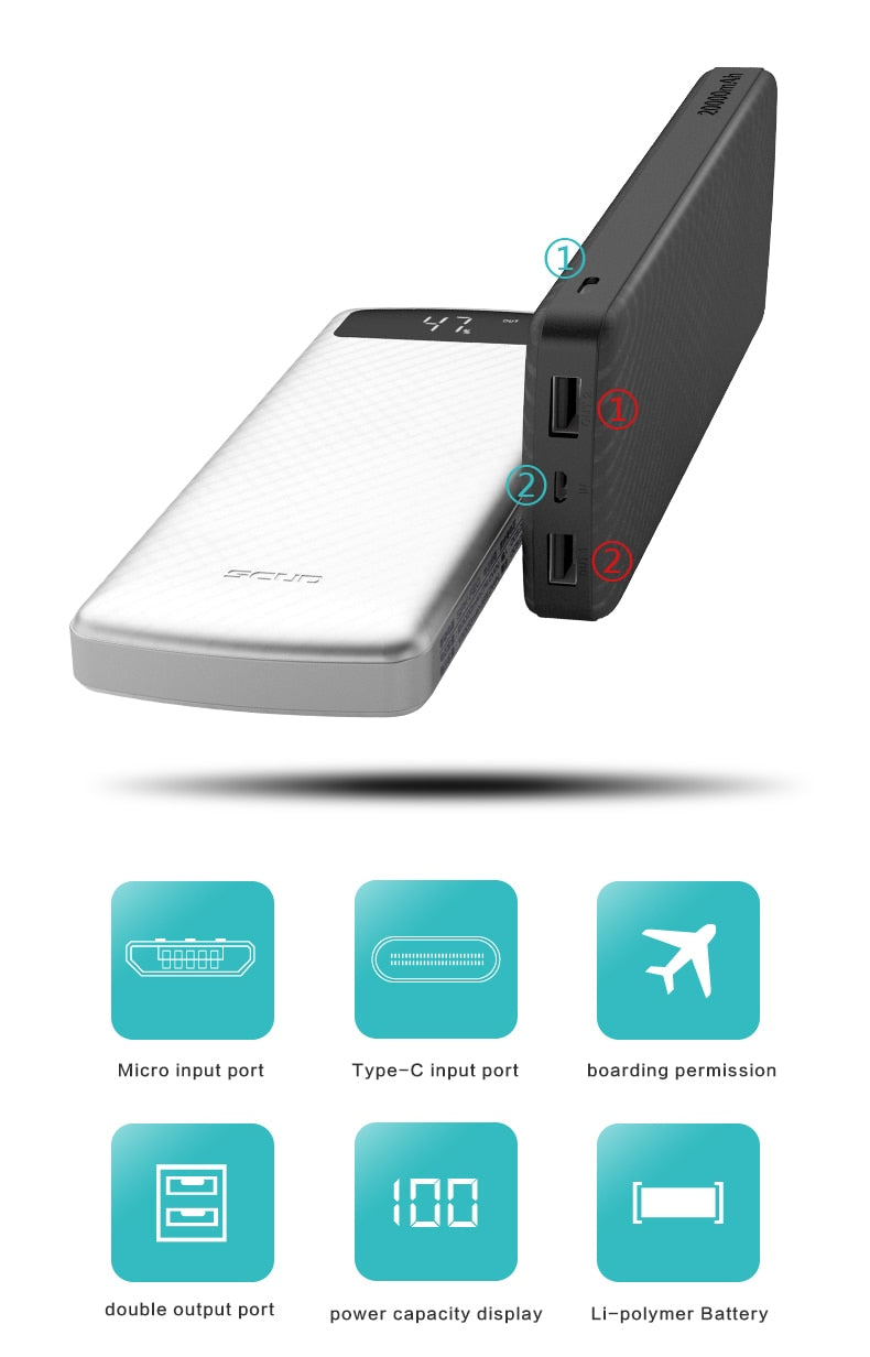 20000mAh power bank  with LED digital display SCUD external battery dual USB highspeed fast charge slim portable powerbank 2.1A