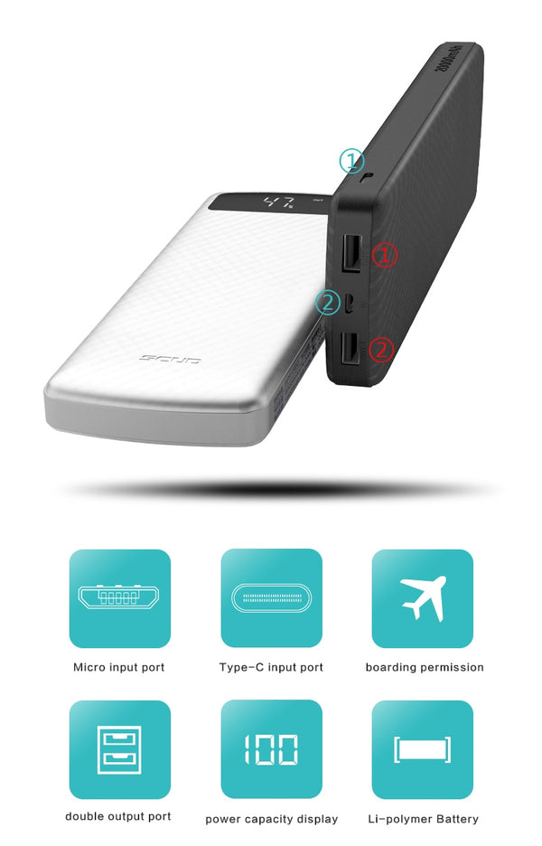 20000mAh power bank  with LED digital display SCUD external battery dual USB highspeed fast charge slim portable powerbank 2.1A