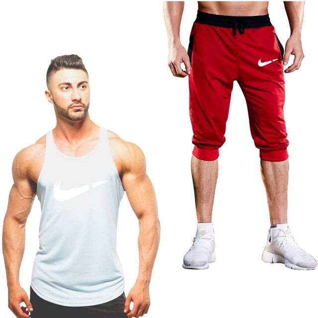 2019 Fashion Classic brand LOGO Men's Sport Suits Running sleeveless Tank Top + Sports Shorts Joggers Training Fitness Clothing