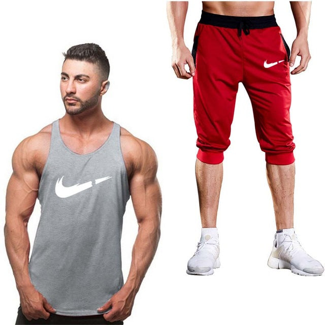 2019 Fashion Classic brand LOGO Men's Sport Suits Running sleeveless Tank Top + Sports Shorts Joggers Training Fitness Clothing