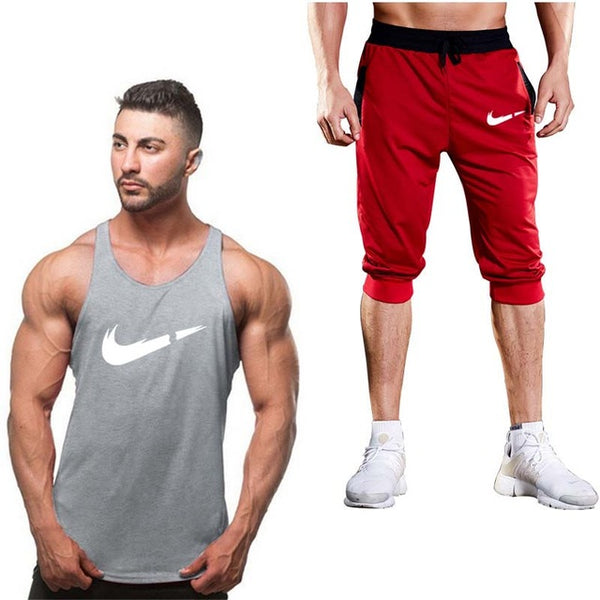 2019 Fashion Classic brand LOGO Men's Sport Suits Running sleeveless Tank Top + Sports Shorts Joggers Training Fitness Clothing