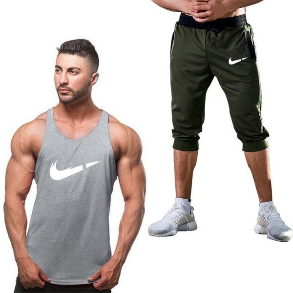 2019 Fashion Classic brand LOGO Men's Sport Suits Running sleeveless Tank Top + Sports Shorts Joggers Training Fitness Clothing