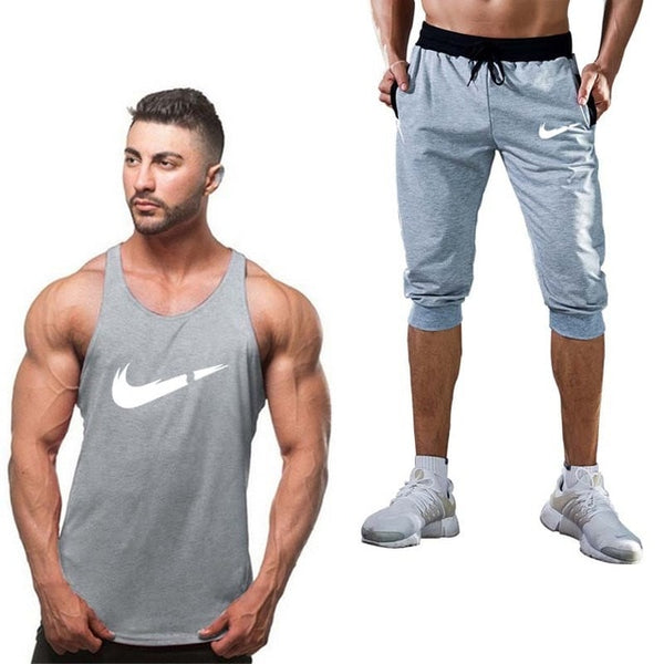 2019 Fashion Classic brand LOGO Men's Sport Suits Running sleeveless Tank Top + Sports Shorts Joggers Training Fitness Clothing