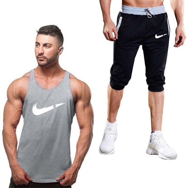 2019 Fashion Classic brand LOGO Men's Sport Suits Running sleeveless Tank Top + Sports Shorts Joggers Training Fitness Clothing