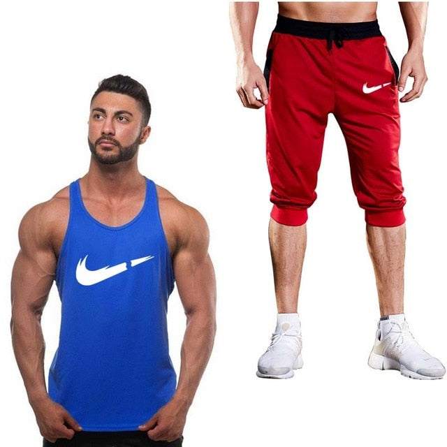 2019 Fashion Classic brand LOGO Men's Sport Suits Running sleeveless Tank Top + Sports Shorts Joggers Training Fitness Clothing