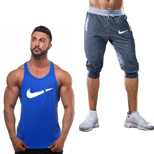 2019 Fashion Classic brand LOGO Men's Sport Suits Running sleeveless Tank Top + Sports Shorts Joggers Training Fitness Clothing