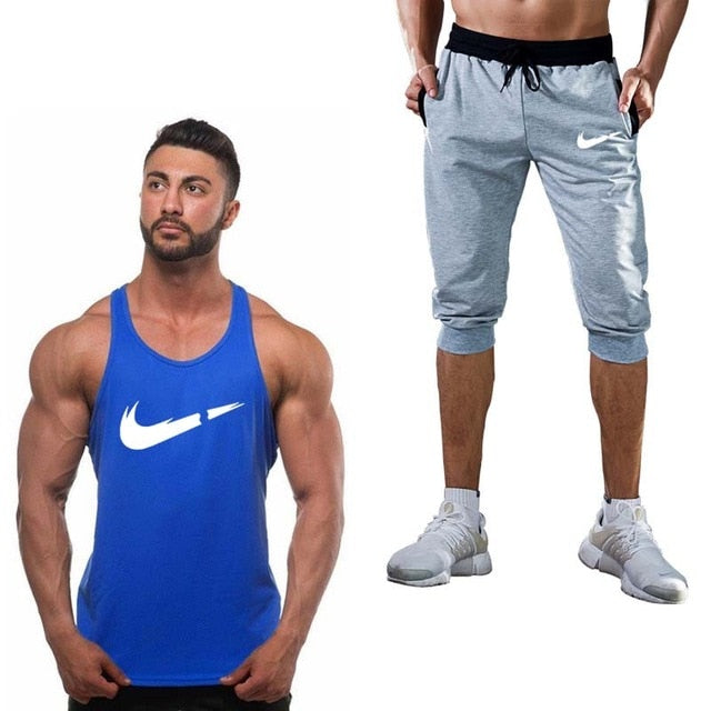 2019 Fashion Classic brand LOGO Men's Sport Suits Running sleeveless Tank Top + Sports Shorts Joggers Training Fitness Clothing