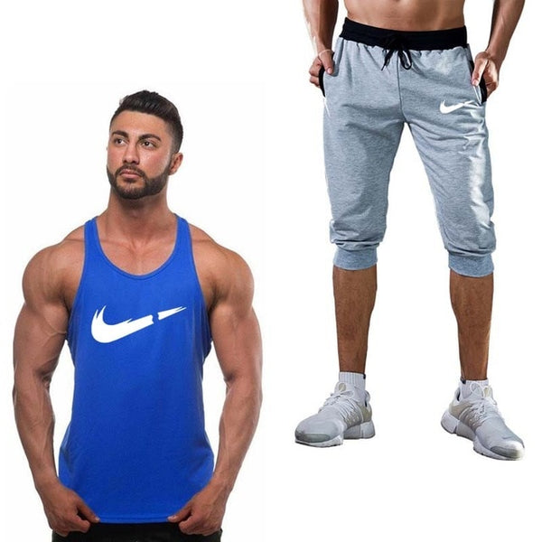 2019 Fashion Classic brand LOGO Men's Sport Suits Running sleeveless Tank Top + Sports Shorts Joggers Training Fitness Clothing