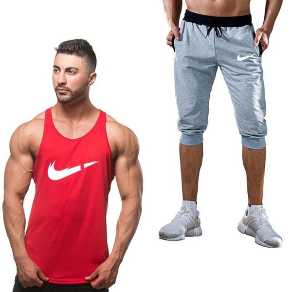 2019 Fashion Classic brand LOGO Men's Sport Suits Running sleeveless Tank Top + Sports Shorts Joggers Training Fitness Clothing