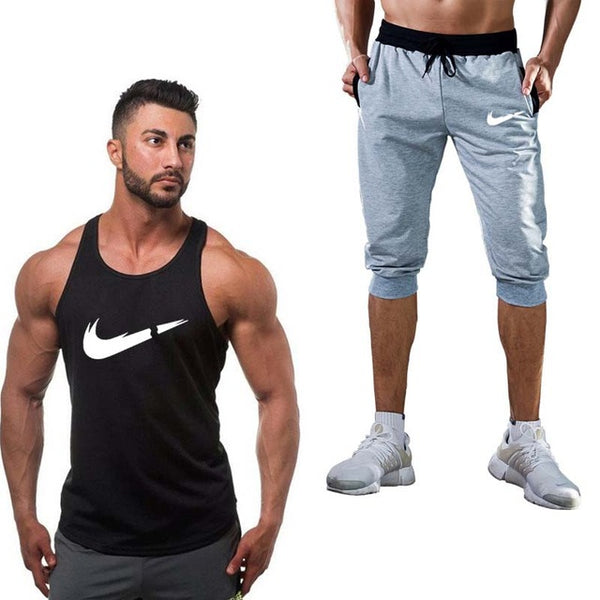 2019 Fashion Classic brand LOGO Men's Sport Suits Running sleeveless Tank Top + Sports Shorts Joggers Training Fitness Clothing