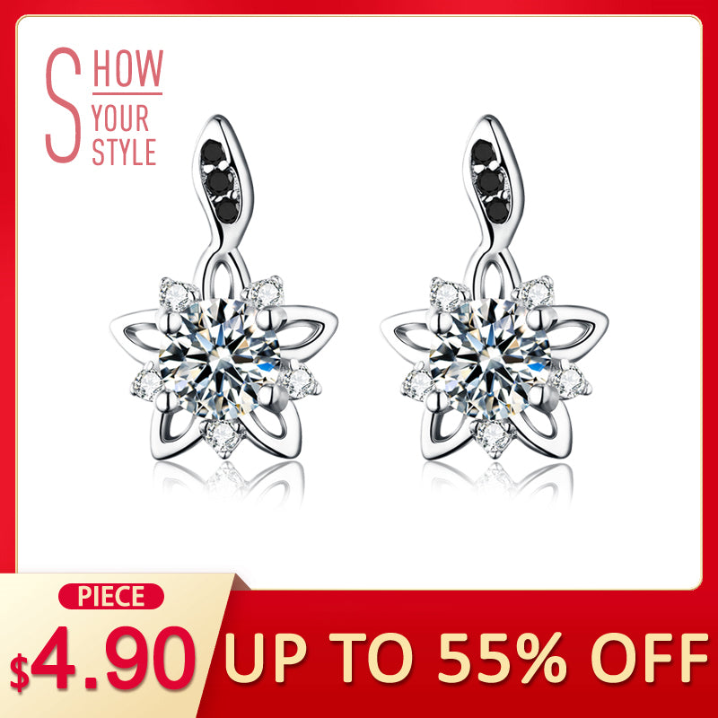[BLACK AWN] Genuine 925 Sterling Silver Fine Jewelry Flower Black&White Stone Engagement Stud Earrings for Women T032