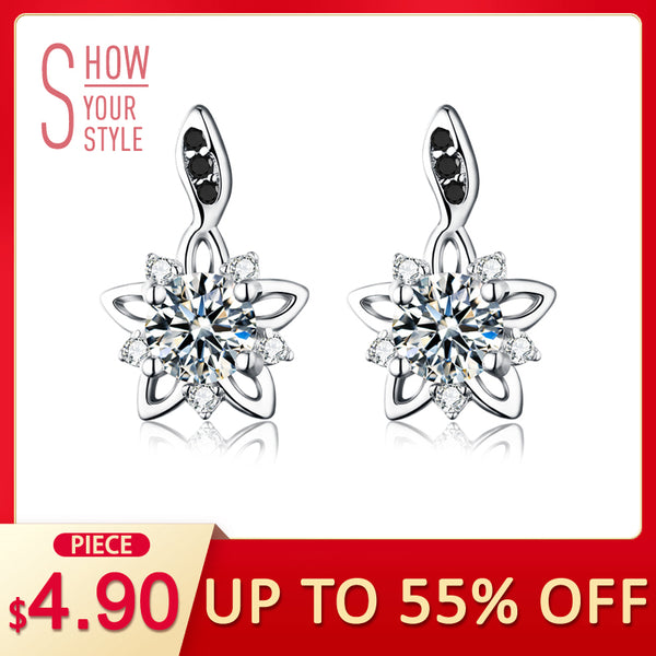 [BLACK AWN] Genuine 925 Sterling Silver Fine Jewelry Flower Black&White Stone Engagement Stud Earrings for Women T032