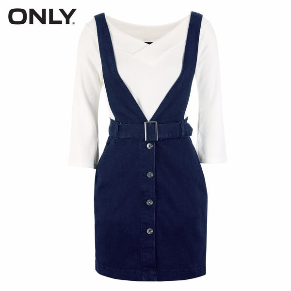 ONLY  Women 2-pieces set  single breasted tie up Waist band denim dress female