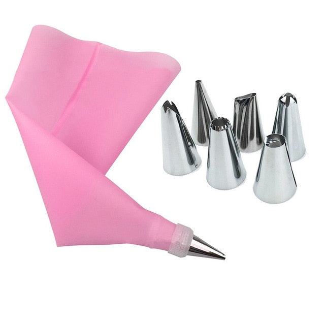 8 PCS/Set Silicone Kitchen Accessories Icing Piping Cream Pastry Bag 6 Stainless Steel Nozzle Set DIY Cake Decorating Tips Set