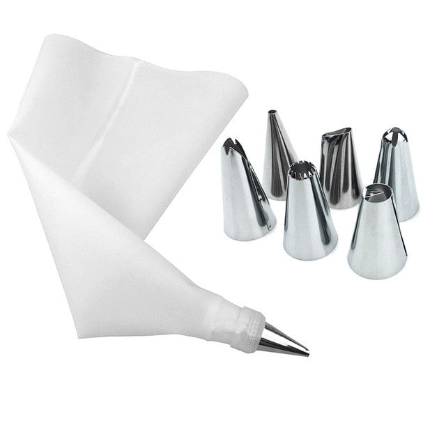 8 PCS/Set Silicone Kitchen Accessories Icing Piping Cream Pastry Bag 6 Stainless Steel Nozzle Set DIY Cake Decorating Tips Set