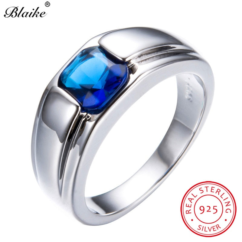 Blaike S925 Sterling Silver Square Sapphire Blue Zircon Rings For Women Men Wedding Jewelry Vintage Fashion Birthstone Ring Gift