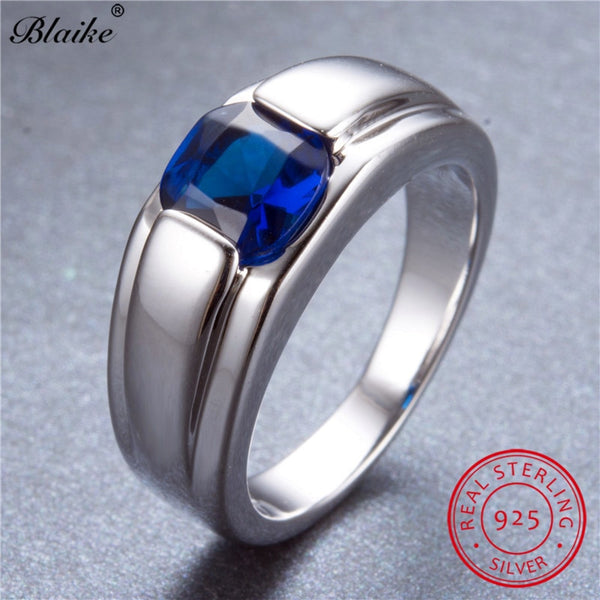 Blaike S925 Sterling Silver Square Sapphire Blue Zircon Rings For Women Men Wedding Jewelry Vintage Fashion Birthstone Ring Gift