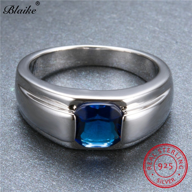 Blaike S925 Sterling Silver Square Sapphire Blue Zircon Rings For Women Men Wedding Jewelry Vintage Fashion Birthstone Ring Gift
