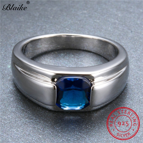Blaike S925 Sterling Silver Square Sapphire Blue Zircon Rings For Women Men Wedding Jewelry Vintage Fashion Birthstone Ring Gift