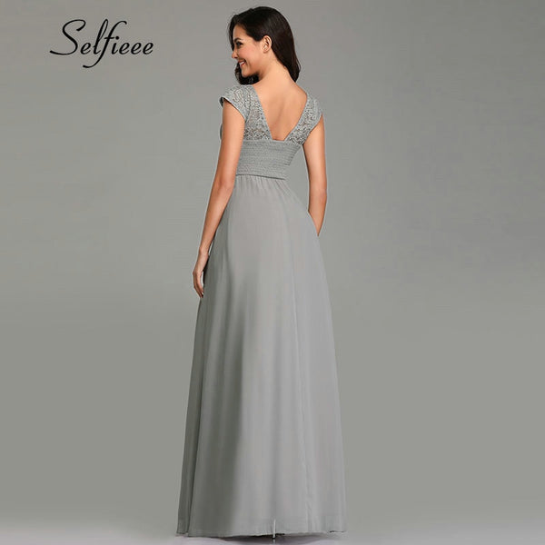 New Grey Dresses Woman Party Night 2019 Fashion A Line V Neck Sleeveless Lace Dress Ladies Elegant Long Chiffon Summer Dresses