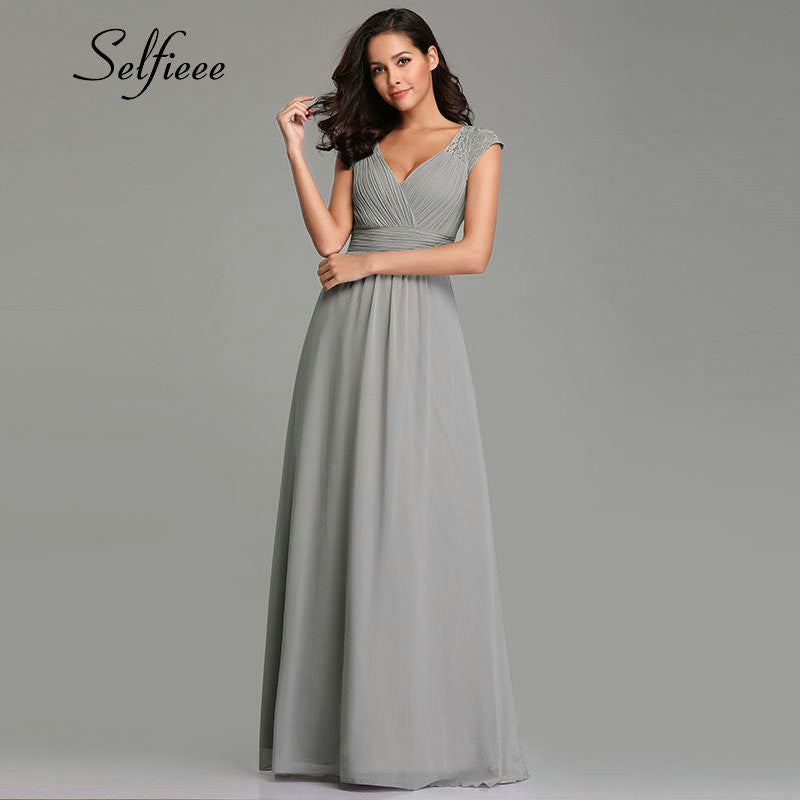 New Grey Dresses Woman Party Night 2019 Fashion A Line V Neck Sleeveless Lace Dress Ladies Elegant Long Chiffon Summer Dresses