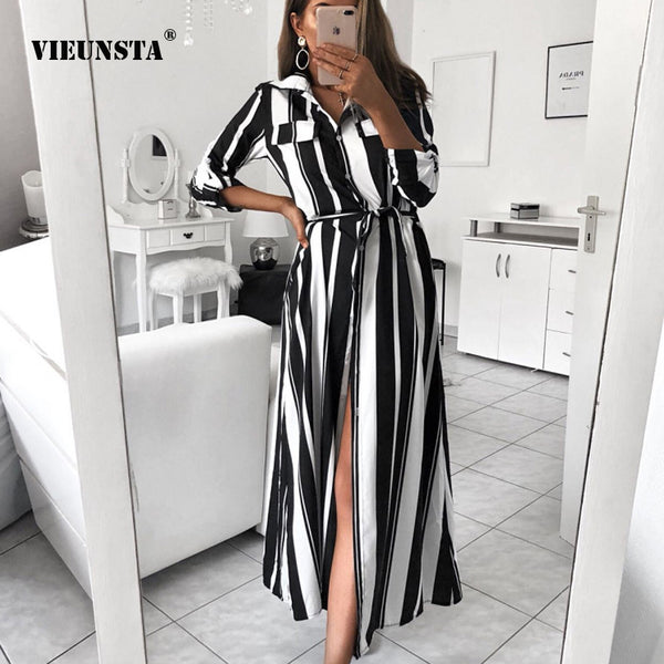 VIEUNSTA Women Fashion Turn-Down Collar Stripe Dresses Spring Summer Long Sleeve Button Dress Lace Up Slit Maxi Dress Vestidos