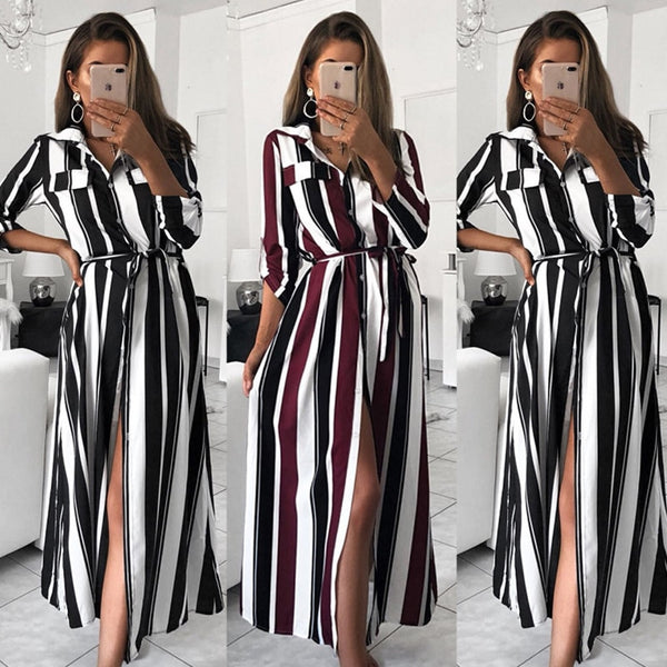 VIEUNSTA Women Fashion Turn-Down Collar Stripe Dresses Spring Summer Long Sleeve Button Dress Lace Up Slit Maxi Dress Vestidos