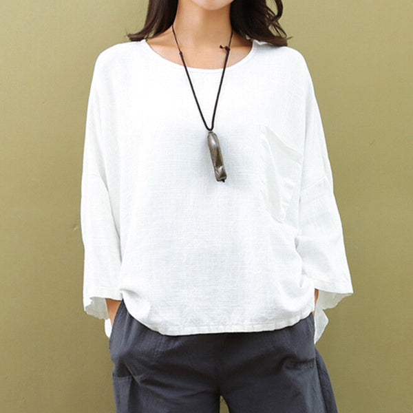 New Plus Size 4X 5X Women's Summer Cotton Linen Blouses Blusas 2019 Three Quarter Sleeve Pockets Tunic Top Loose Ladies Clothing