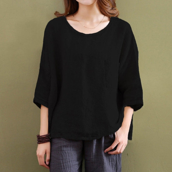 New Plus Size 4X 5X Women's Summer Cotton Linen Blouses Blusas 2019 Three Quarter Sleeve Pockets Tunic Top Loose Ladies Clothing