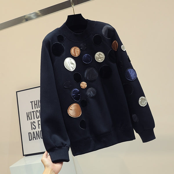 The spring and autumn period and the new sets loose fleece female black color matching dot coat students embroidery cloth coat