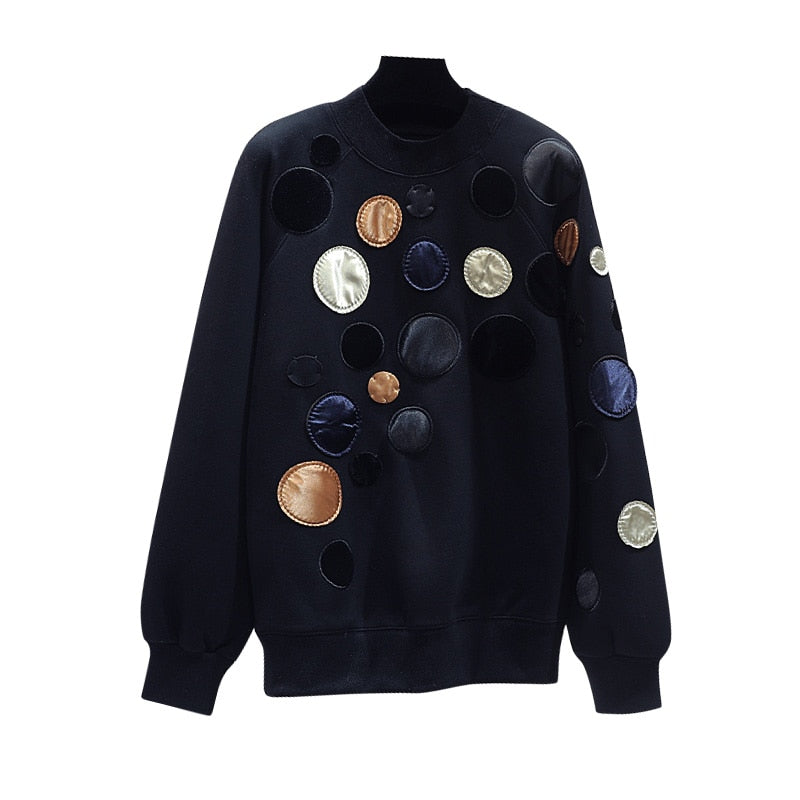 The spring and autumn period and the new sets loose fleece female black color matching dot coat students embroidery cloth coat