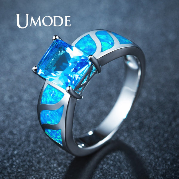 UMODE Blue Princess Square Rings for Women White Gold Color Blue Opals Party Jewelry Ring Anillos Mujer Moda Bijoux Anel AUR0412
