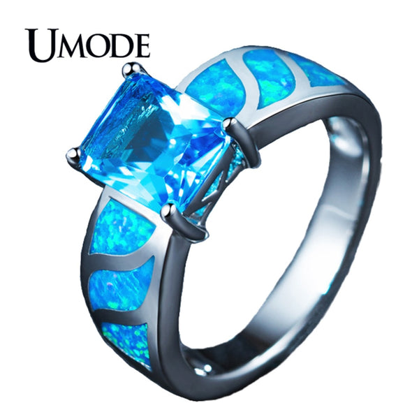 UMODE Blue Princess Square Rings for Women White Gold Color Blue Opals Party Jewelry Ring Anillos Mujer Moda Bijoux Anel AUR0412