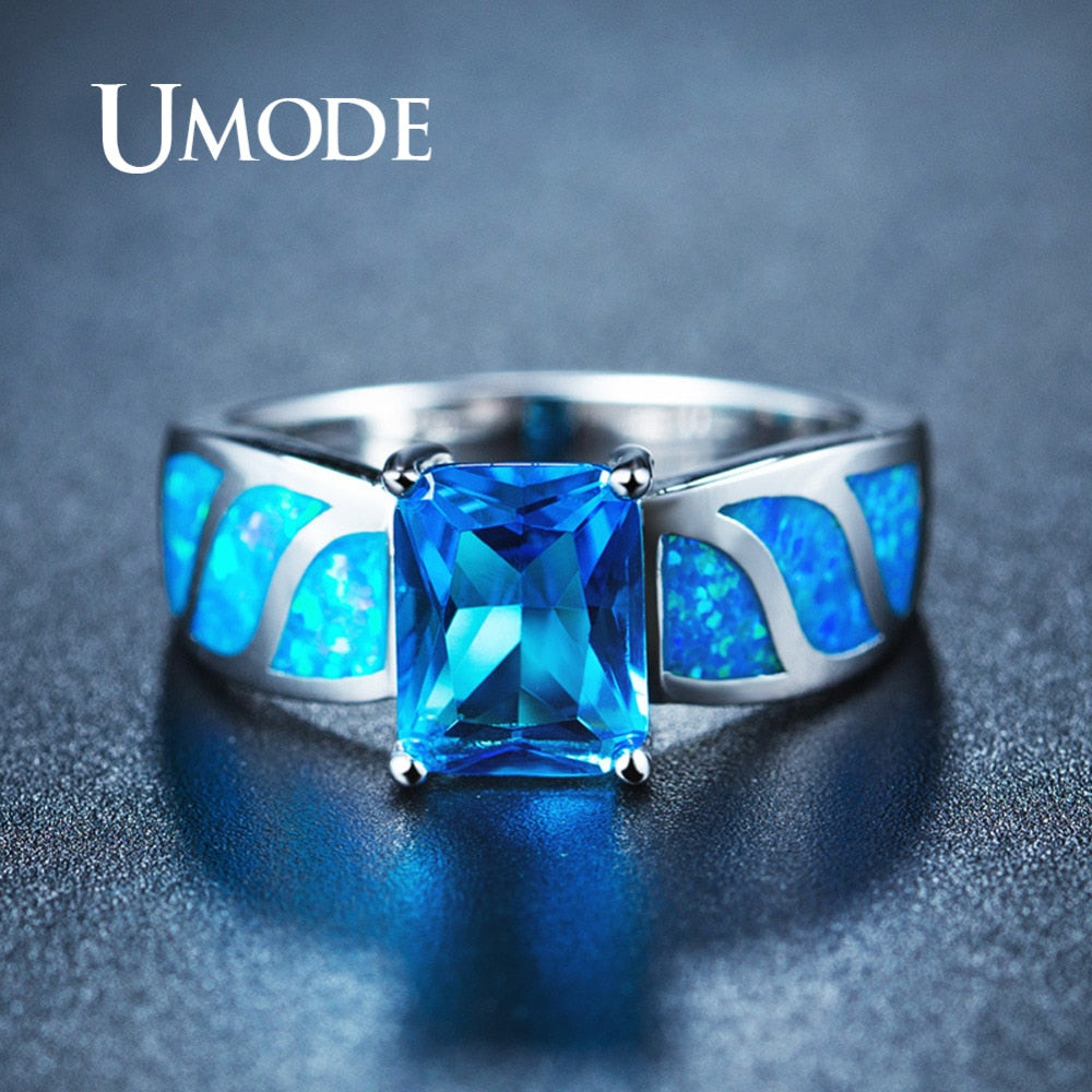 UMODE Blue Princess Square Rings for Women White Gold Color Blue Opals Party Jewelry Ring Anillos Mujer Moda Bijoux Anel AUR0412