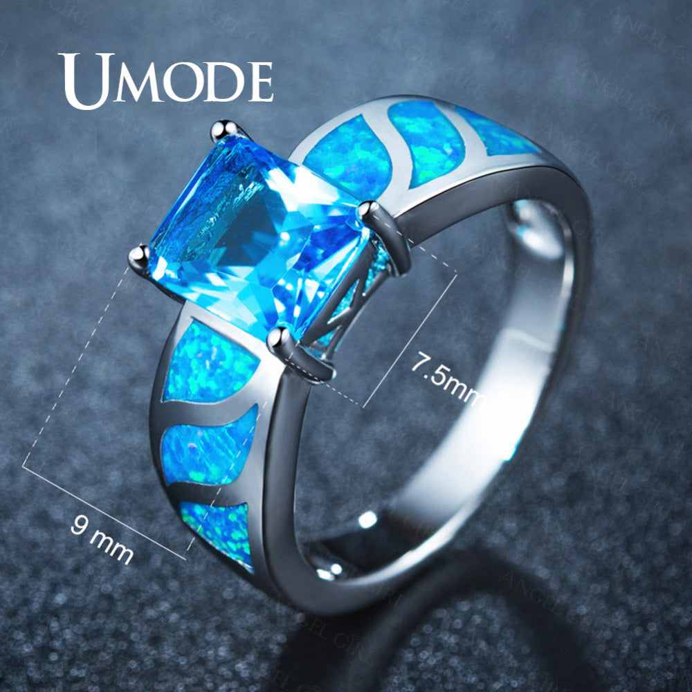 UMODE Blue Princess Square Rings for Women White Gold Color Blue Opals Party Jewelry Ring Anillos Mujer Moda Bijoux Anel AUR0412
