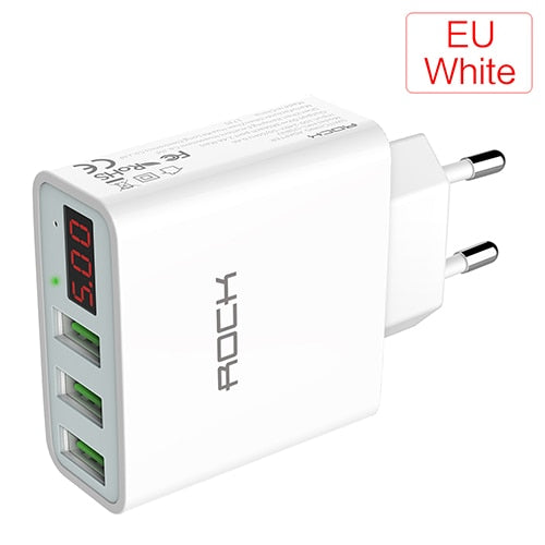 ROCK 3A LED Display EU 3 USB Charger Universal Mobile Phone USB Charger Fast Charging Wall Charger For iPhone Samsung Xiaomi
