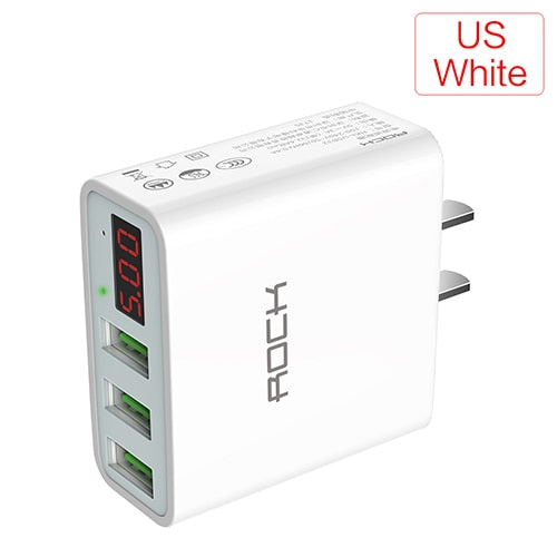 ROCK 3A LED Display EU 3 USB Charger Universal Mobile Phone USB Charger Fast Charging Wall Charger For iPhone Samsung Xiaomi