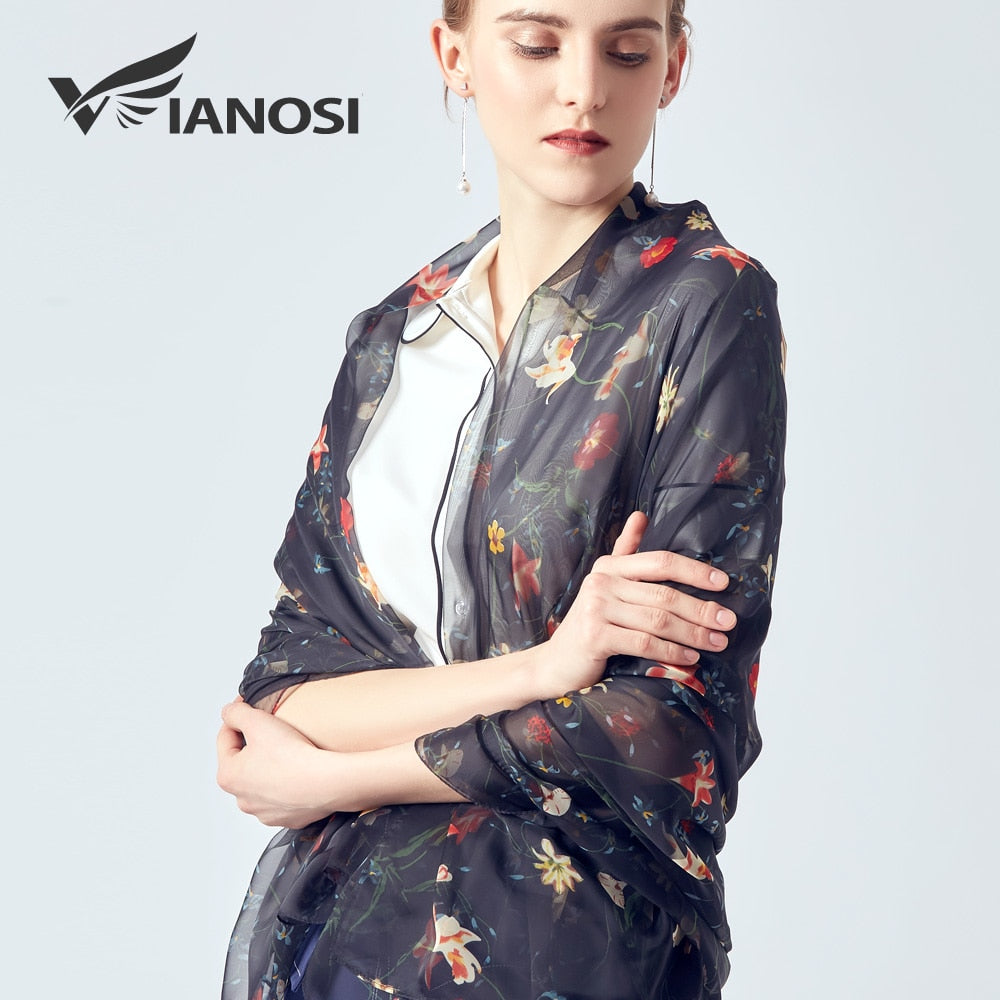 [VIANOSI] Luxury brand silk kerchief black head scarf floral print women shawls fashion scarves for ladies