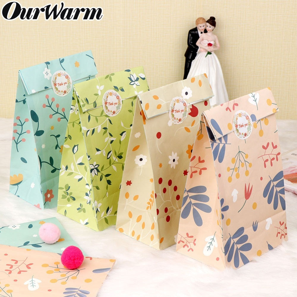 OurWarm Sticker Gift Bag Birthday Party Favors Watercolor Paper Candy Bags Flower Craft Paper Box For Wedding Graduation 12pcs