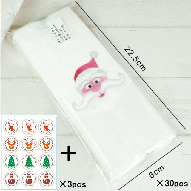 Marebell 30pcs Christmas Packing Bags For Cookies Sticky Paper Cartoon Santa Claus Party Children's Day Biscuit Baking Packaging