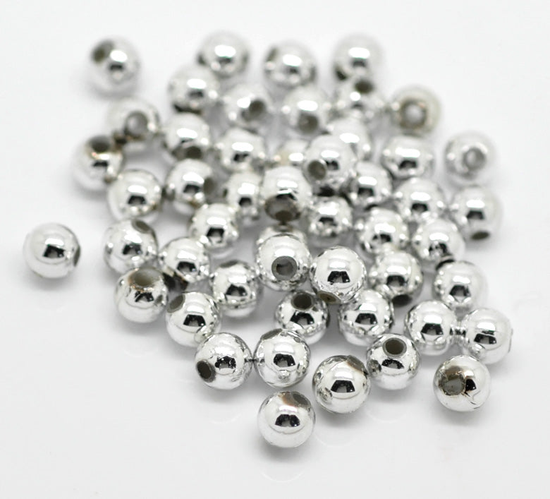 Acrylic Spacer Beads Ball Silver Tone Color Plated About 5mm( 2/8") Dia, Hole: Approx 1.5mm, 90 PCs new